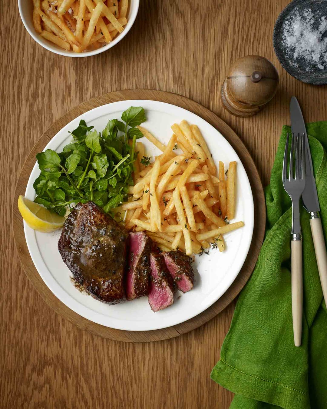 Steak frites with black garlic butter Steak frites with black garlic butter